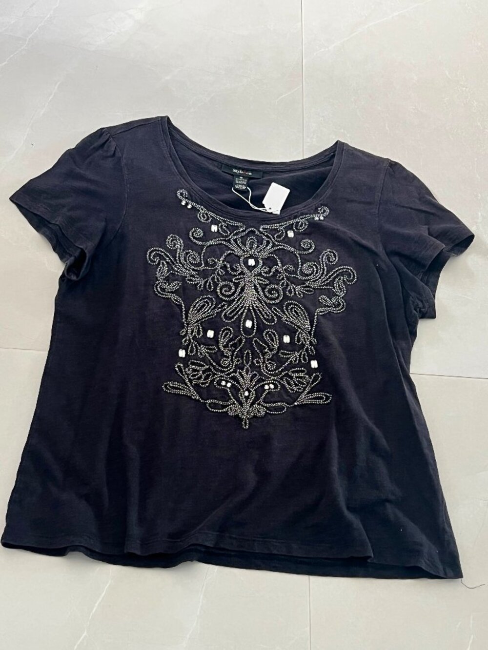 Style & Co Black Embellished Studded Short Sleeve Top (Size XL)